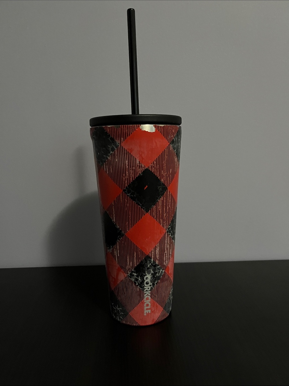 Corkcicle Red and Black Buffalo Plaid Tumbler with Black Straw Water Cup